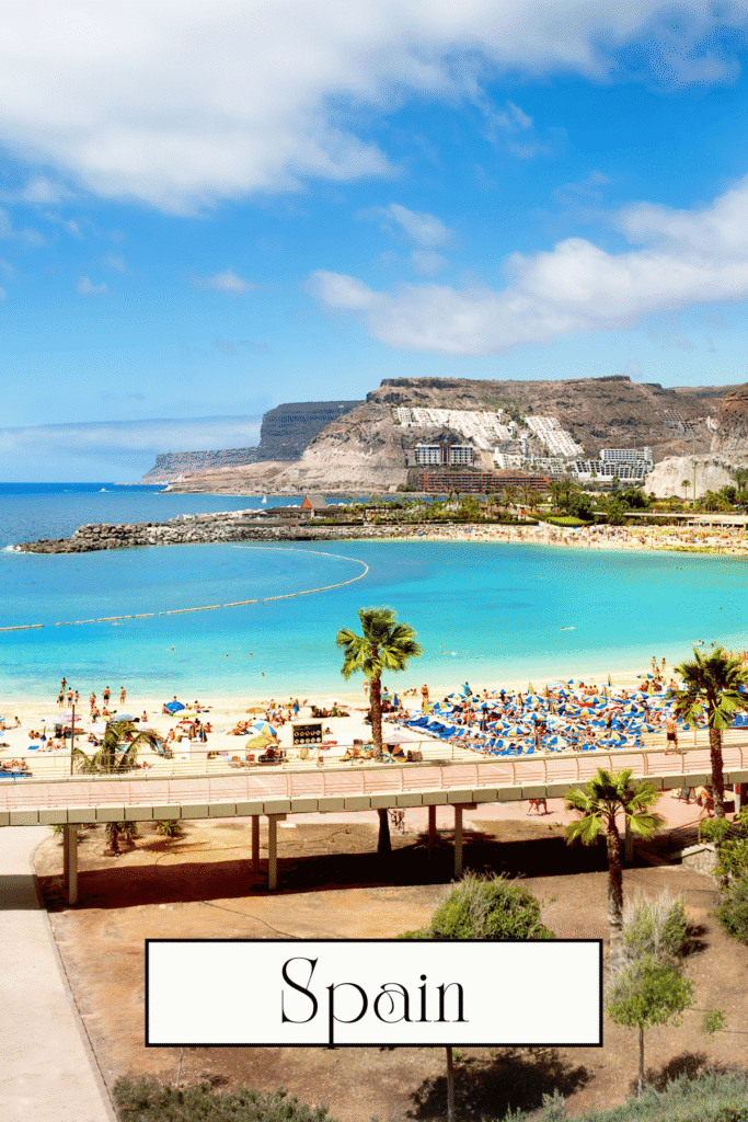 colourful beach in spain with clear water and palm trees