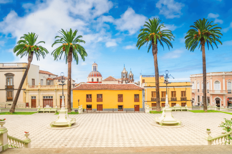 city centre in tenerife showing palm trees and old yellow buildings