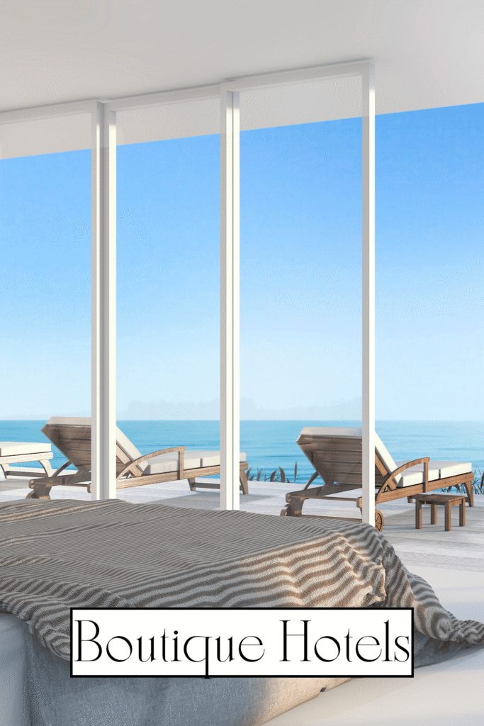 luxury balcony in a boutique hotel with sea view and lounges