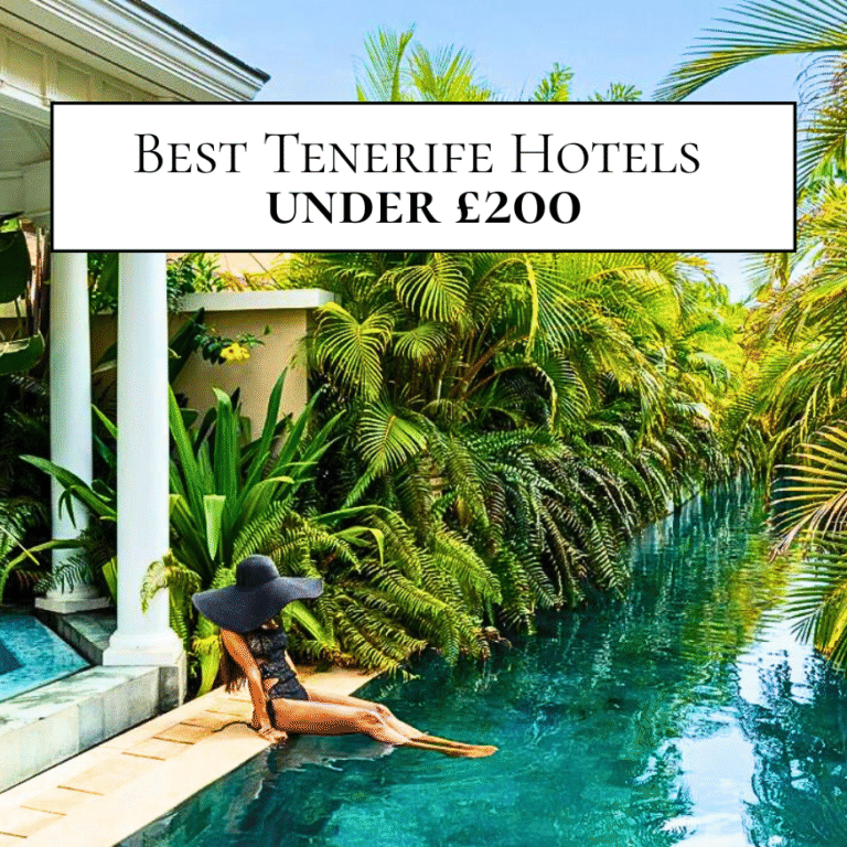 luxury hotel pool with palm trees and an elegant lady wearing a black hat