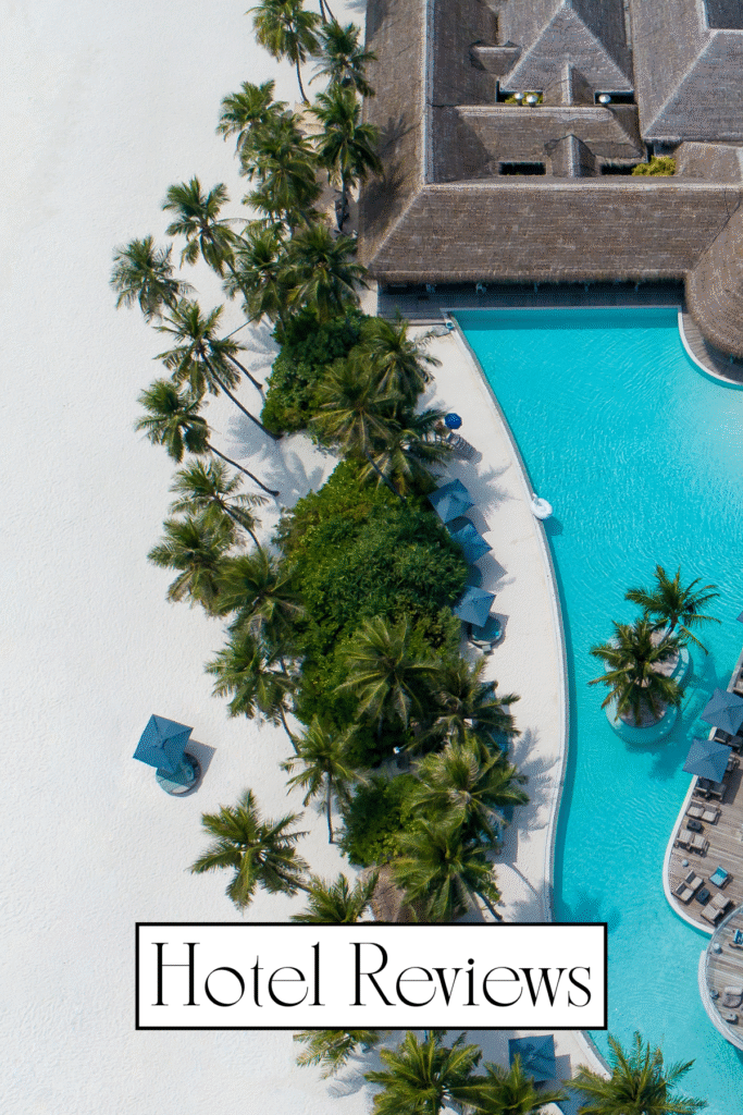 luxury hotel pool with palm trees